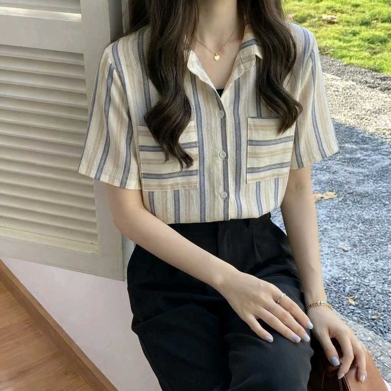 New with tag Korean Striped Button-Up Short Sleeve