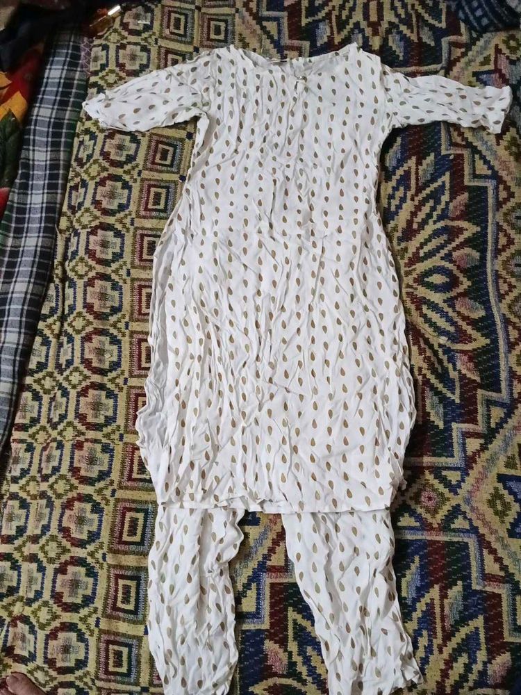 White Kurta Set with Golden Print