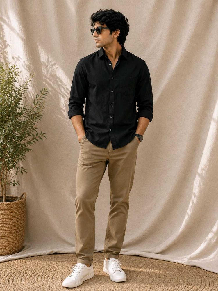 Men's Khaki Straight-Fit Twill Trousers