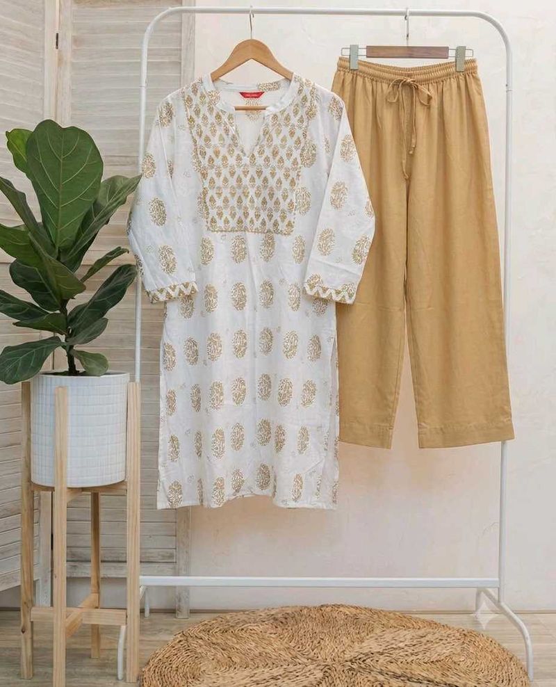 New White &amp; light Gold Printed Kurta Set