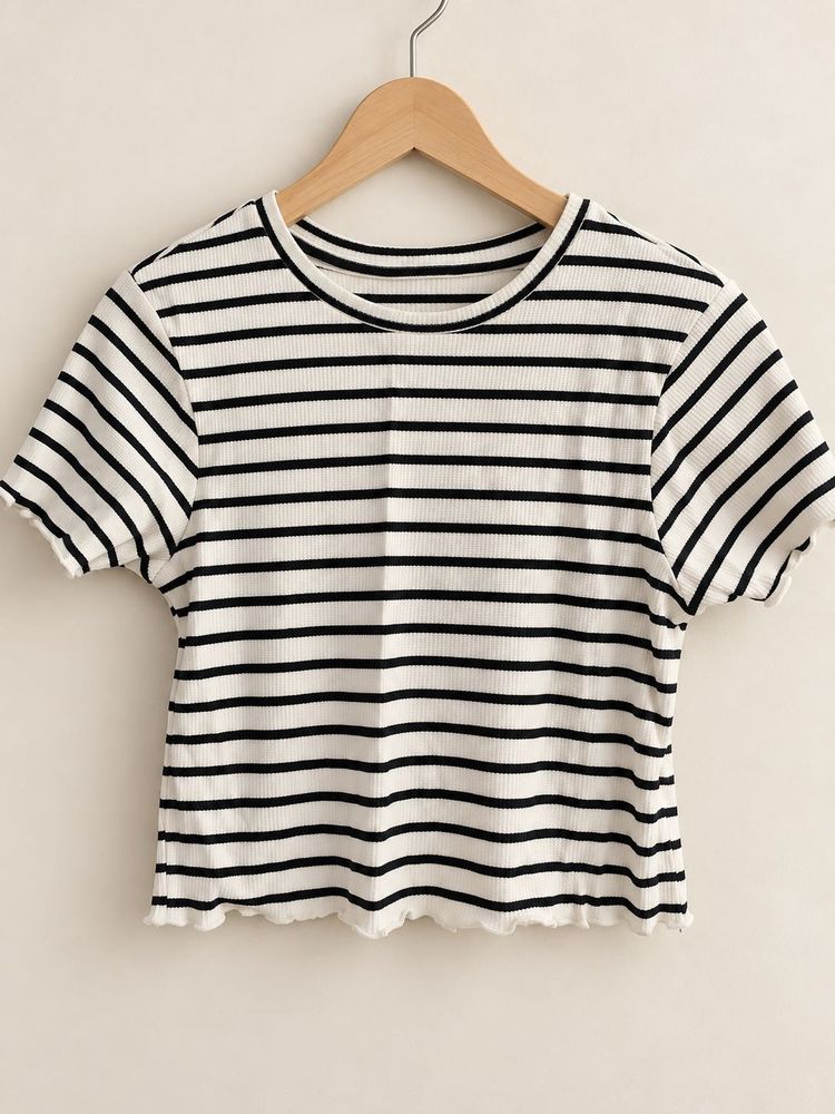 Striped Lettuce Hem Crop Top