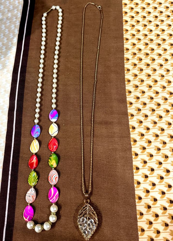 Set of 2 Boho Beaded &amp; Leaf Pendant Necklaces