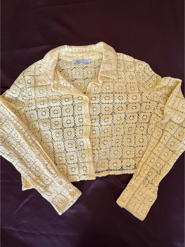 Yellow Crochet Button-Up Shirt