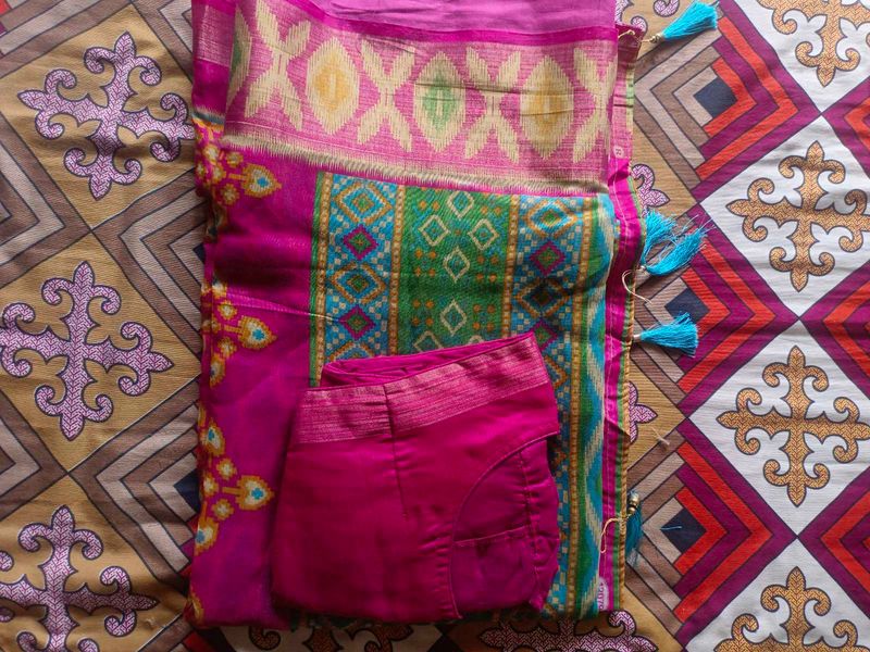 Vibrant Pink &amp; Green Saree with Tassels