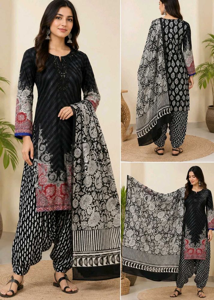 Stylish Black Printed Kurta Set with Dupatta