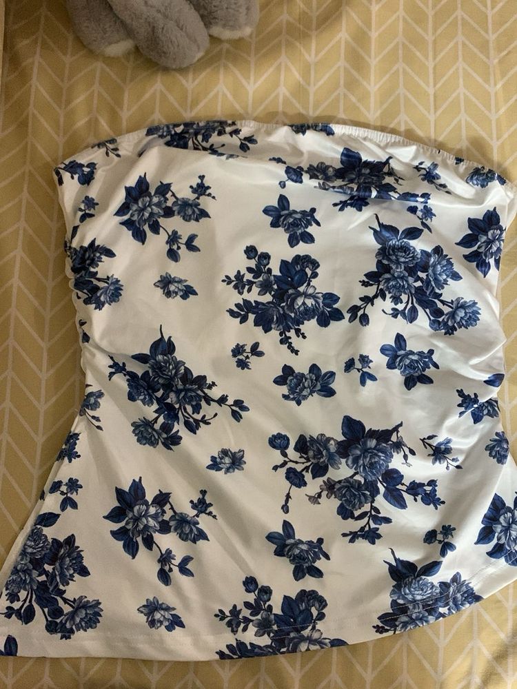 White Floral Strapless Top