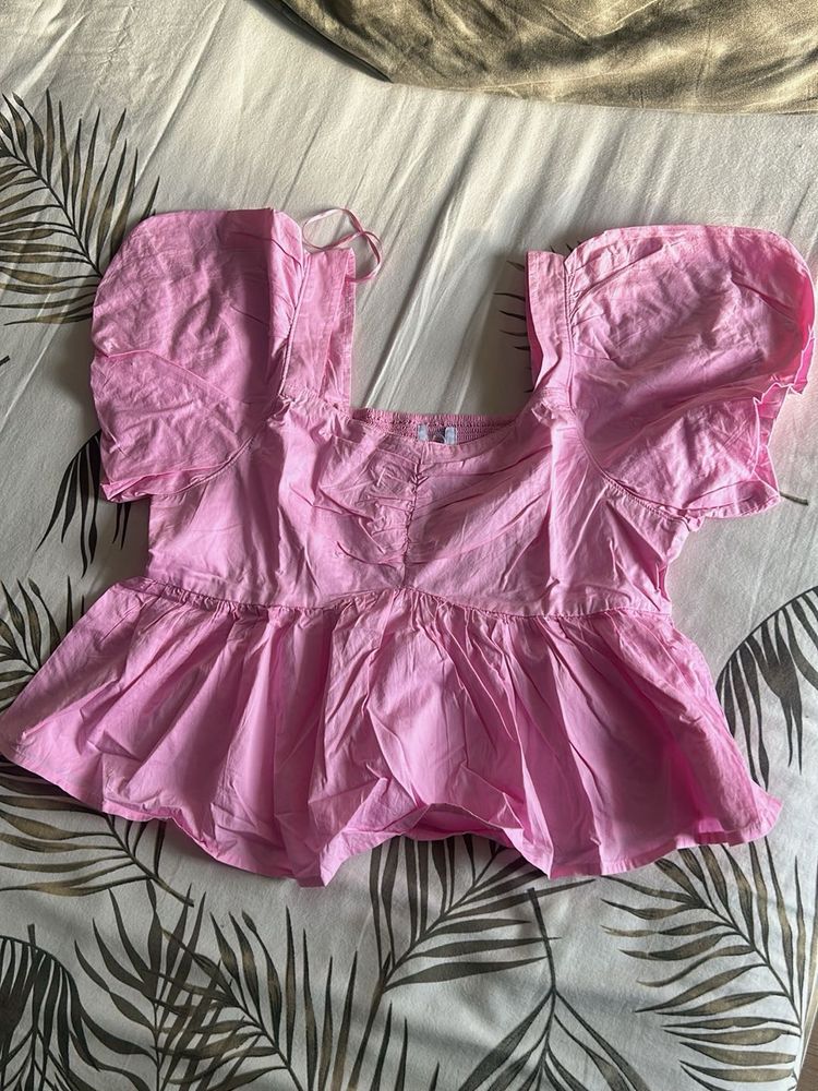 Pink Peplum Top with Puff Sleeves