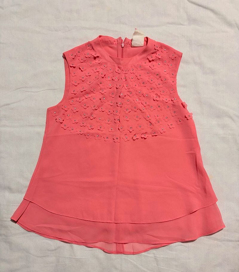 Coral Floral Embellished Sleeveless Top