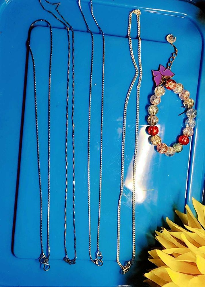 Jewelry Combo: Set of 4 Silver Chains &amp; 1 Beaded H