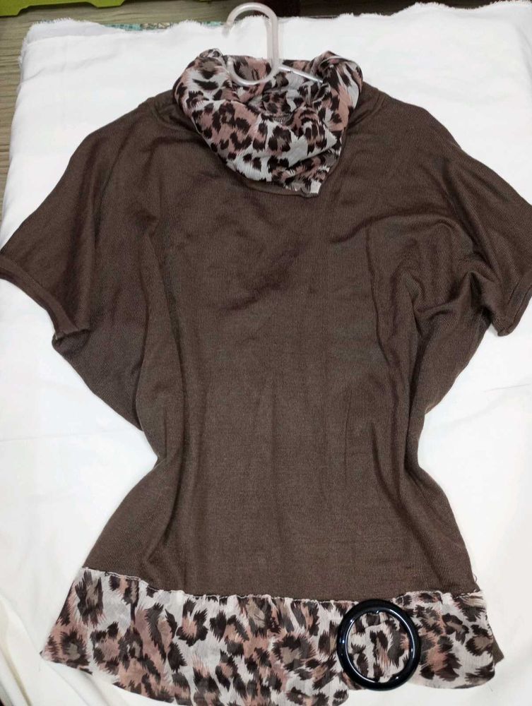 Stylish Brown Tunic with Leopard Print Trim