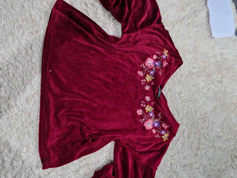 Velvet Embroidered Bell Sleeve Top