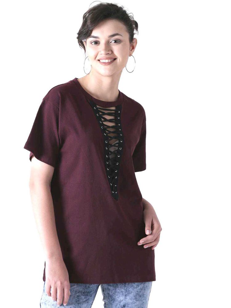 Maroon Lace-Up T-Shirt