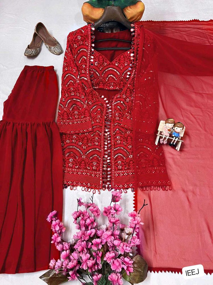 Stunning Red Embroidered Kurta Set