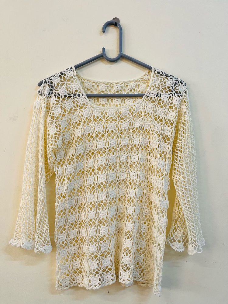 Cream Crochet Long Sleeve Top