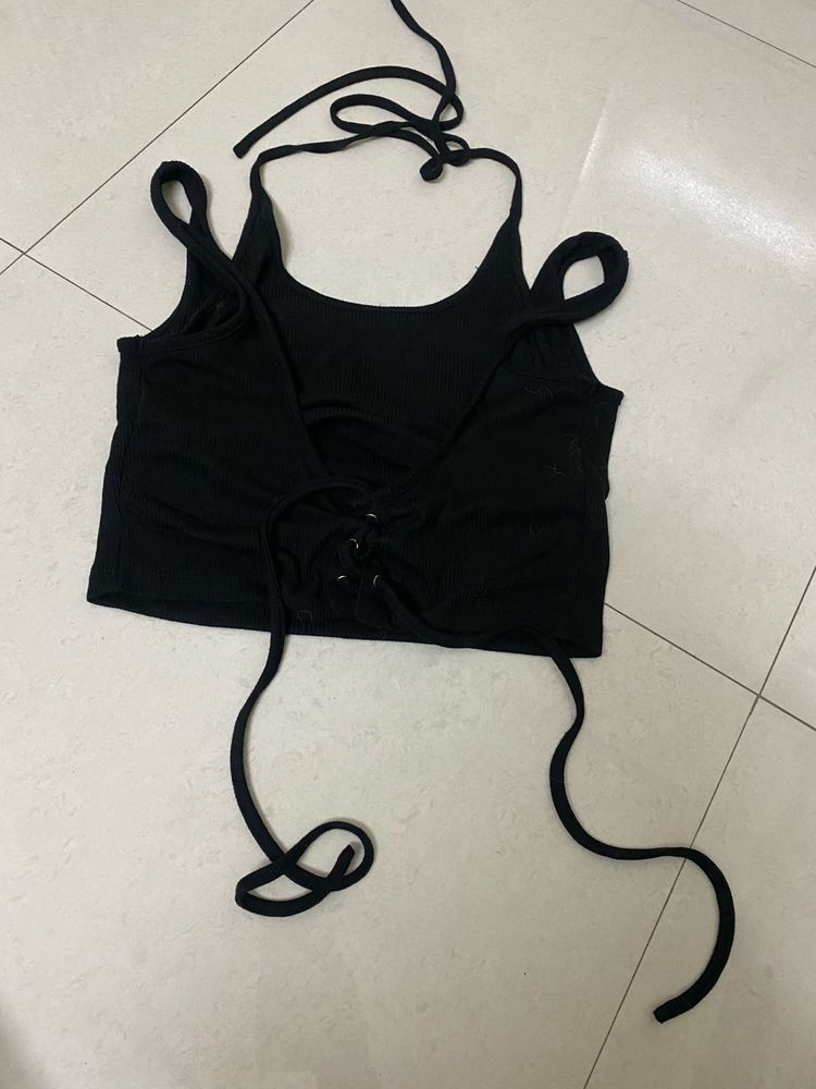 Black Lace-Up Halter Crop Top
