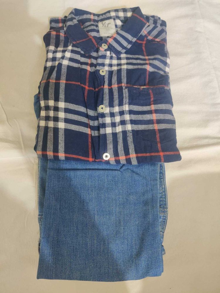 🔀Boy 10-12 Blue checked plaid Shirt with Deni