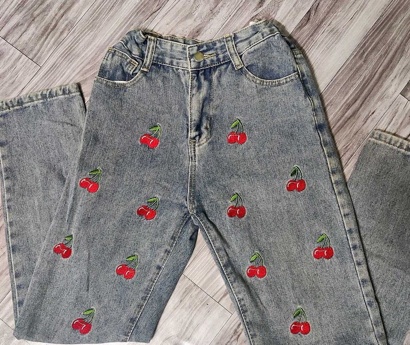 y2k indie Cherry Embroidered Denim Jeans