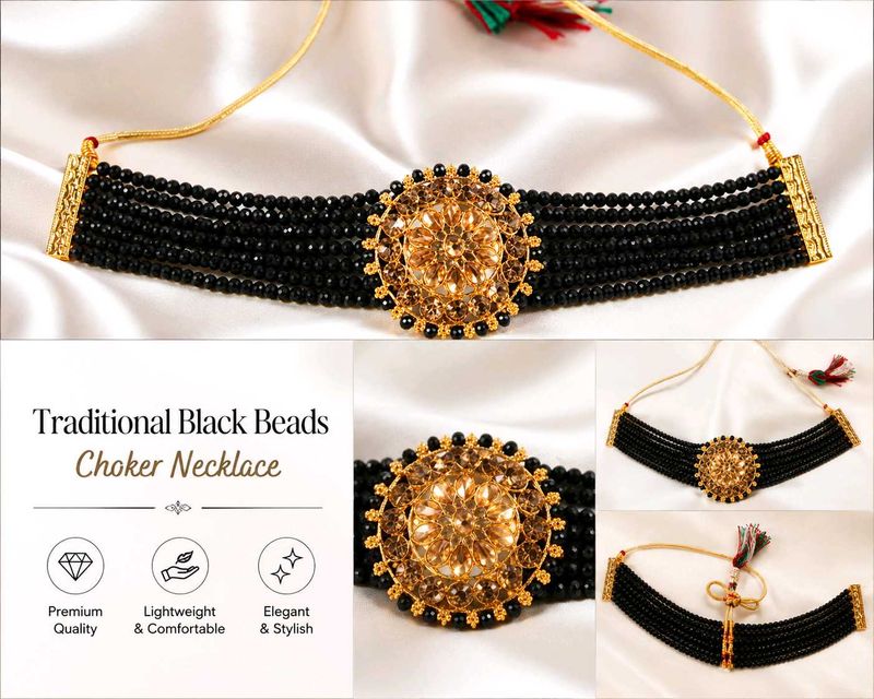 🖤 Traditional Black Beads Choker Necklace | Elega