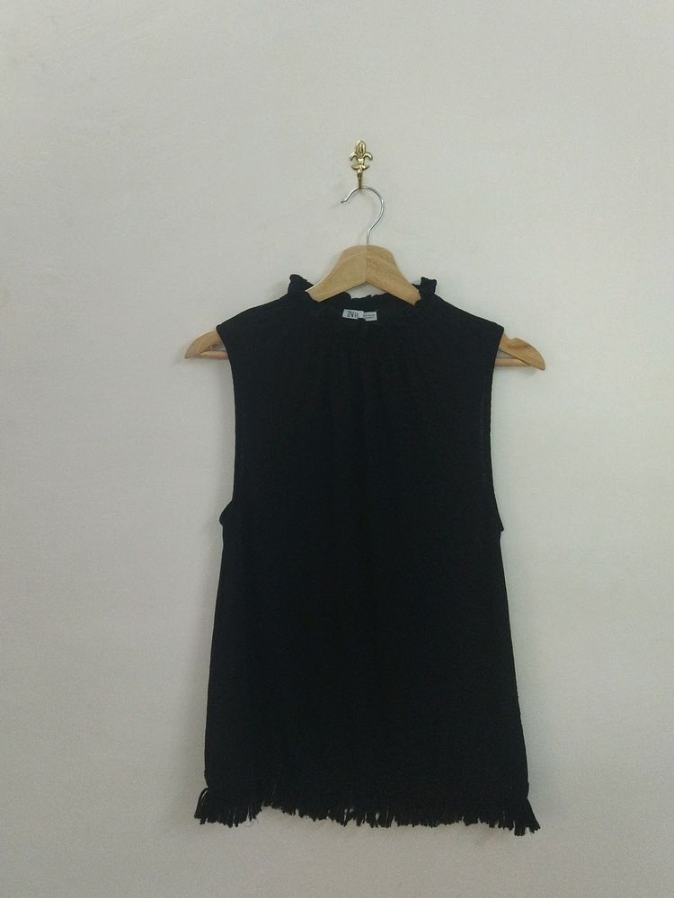 ZARA Chic Black Sleeveless Top with Ruffle Neck