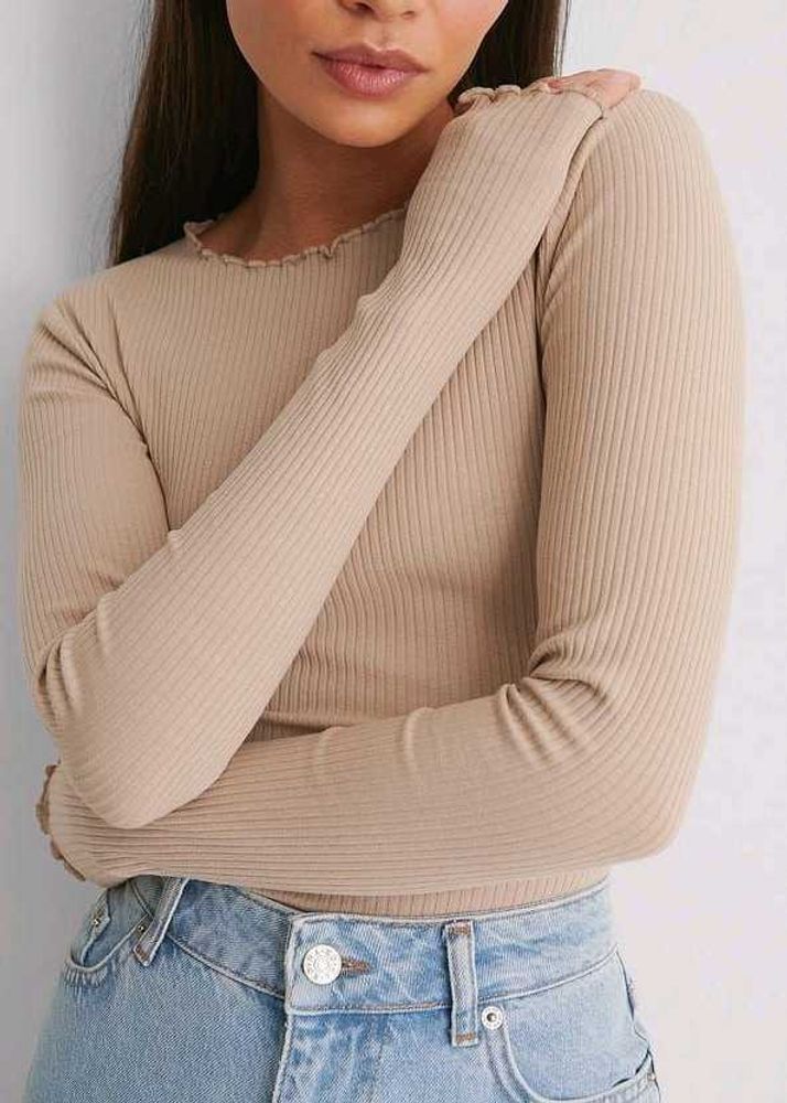 Beige Ribbed Long Sleeve Top
