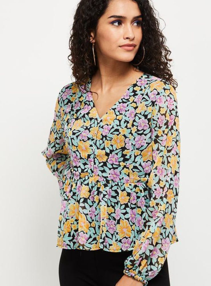Floral Print V-Neck Peplum Top