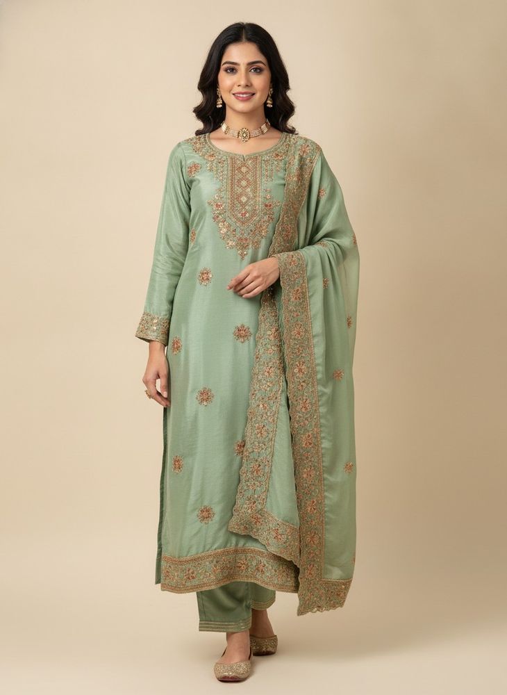 Festive Green Silk Kurta + Dupatta