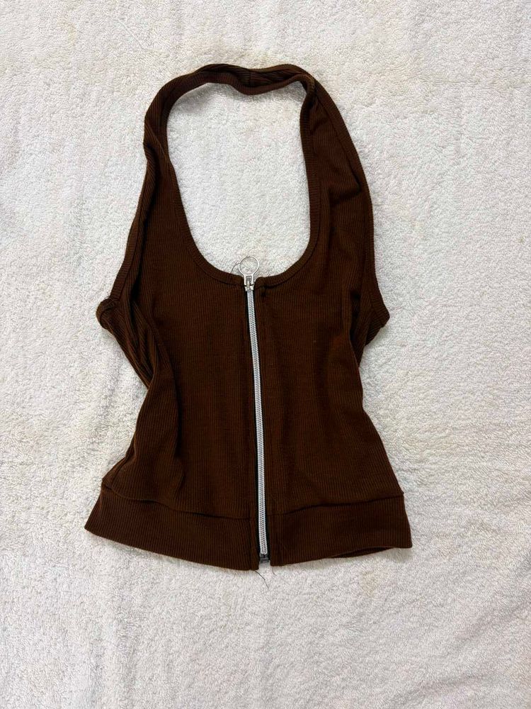 Brown Halter Neck Zip-Up Top