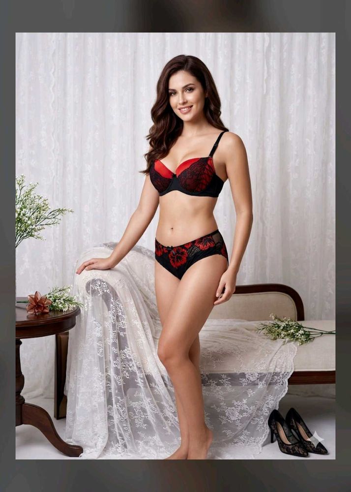 Red &amp; Black Lace Bra &amp; Panty Set