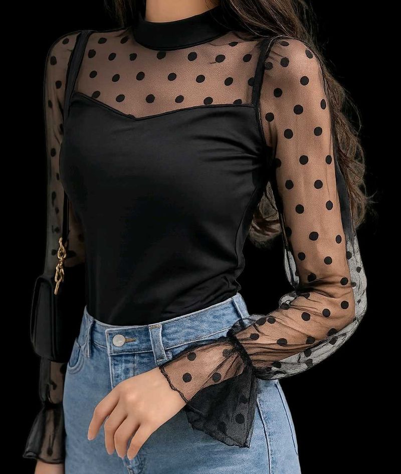 Chic Black Polka Dot Mesh Sleeve Top