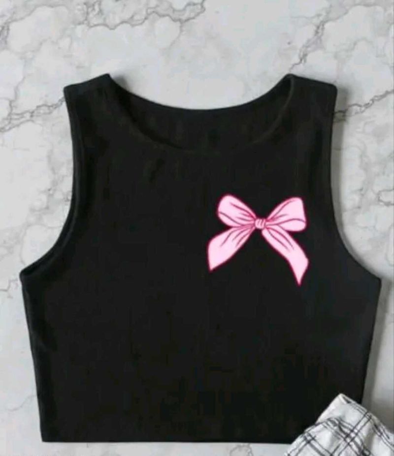 Black Crop Top with Pink Bow