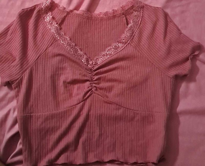 Charming Ruched V-Neck Top with Lace Trim