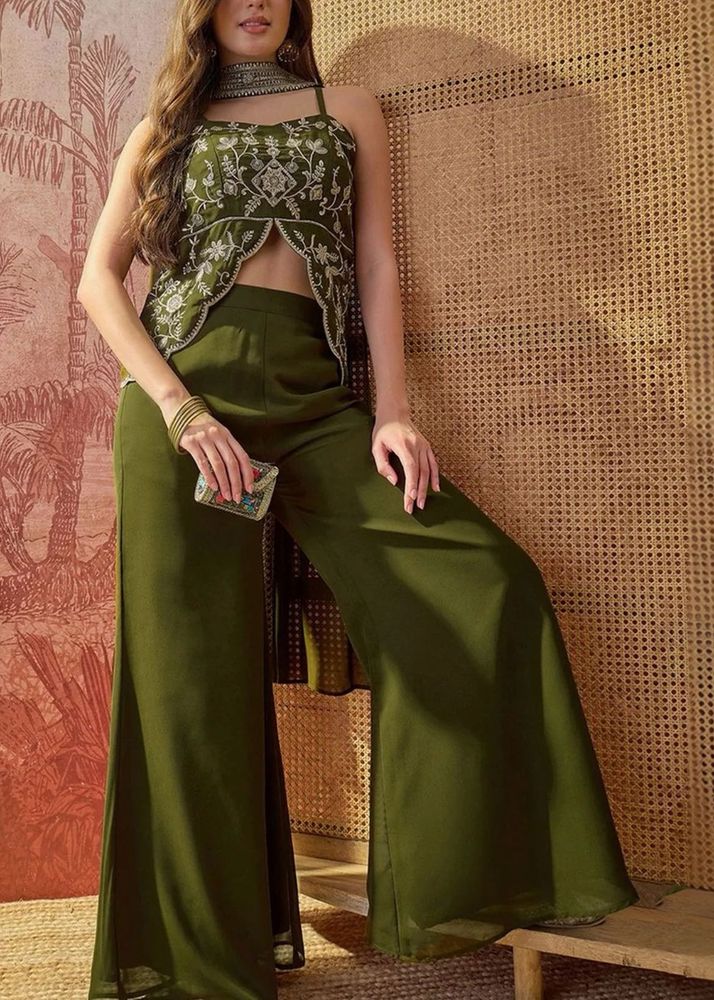 Sangria Embroidered Olive Green Kurta Set