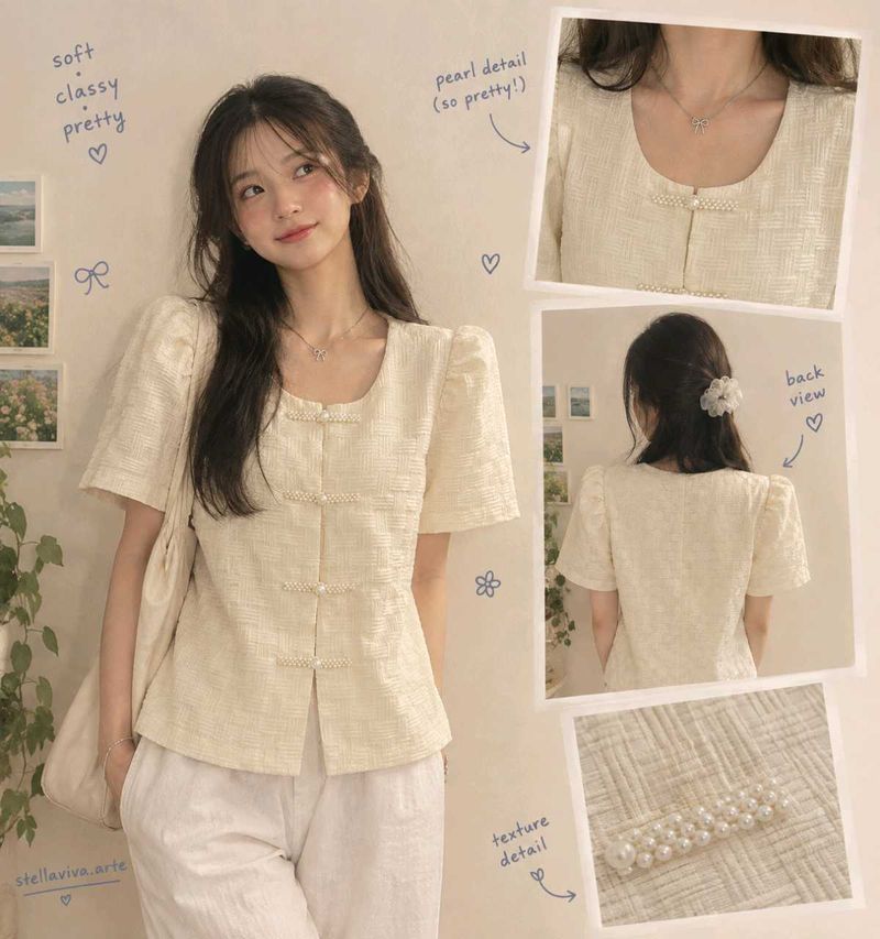 Elegant Pearl Detail Puff Sleeve Top