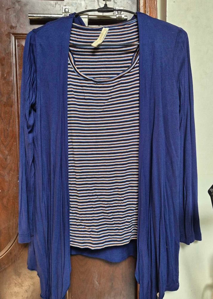 Blue Cardigan &amp; Striped Top Set