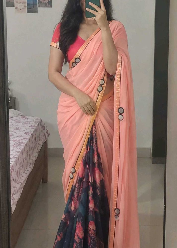 Peach &amp; Floral Print Saree