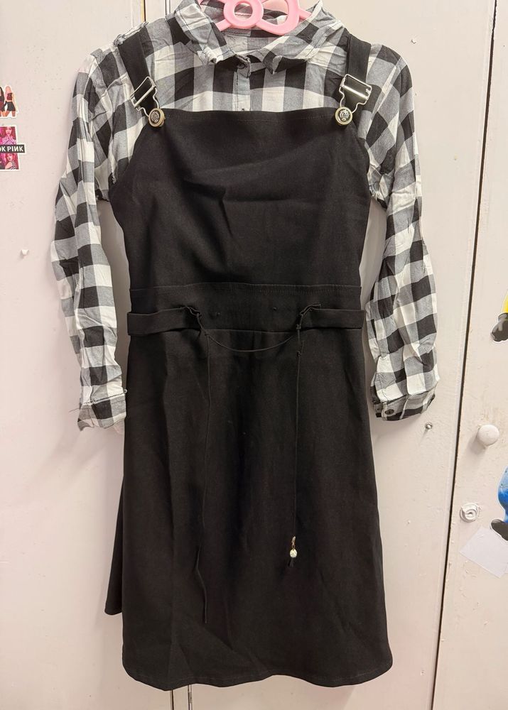 Chic Black Pinafore Dress with Gingham Shirt