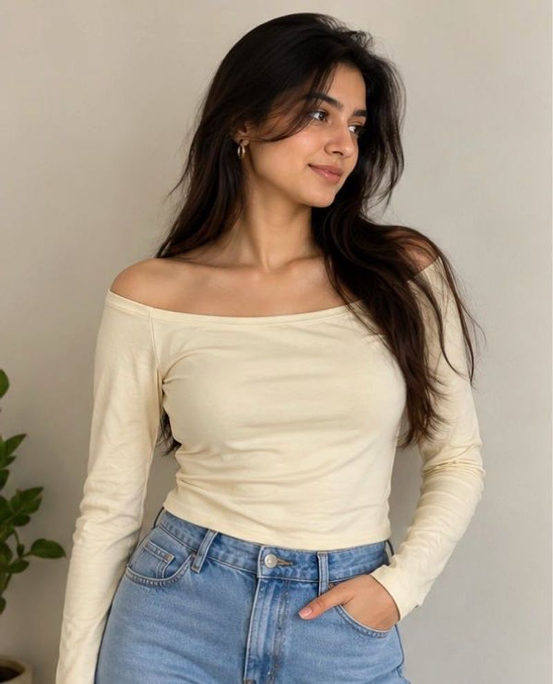 ZUDIO Ecru Off-Shoulder Full-Sleeve Top