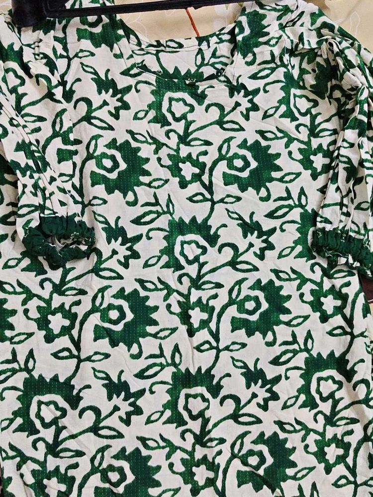 Elegant cream and Green Floral Print pure cotton K