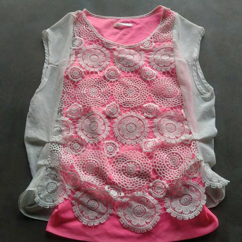 Chic Crochet Overlay Pink Tank Top