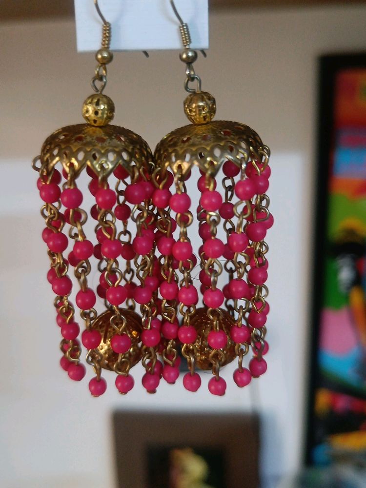 Boho Pink Beaded Dangle Earrings