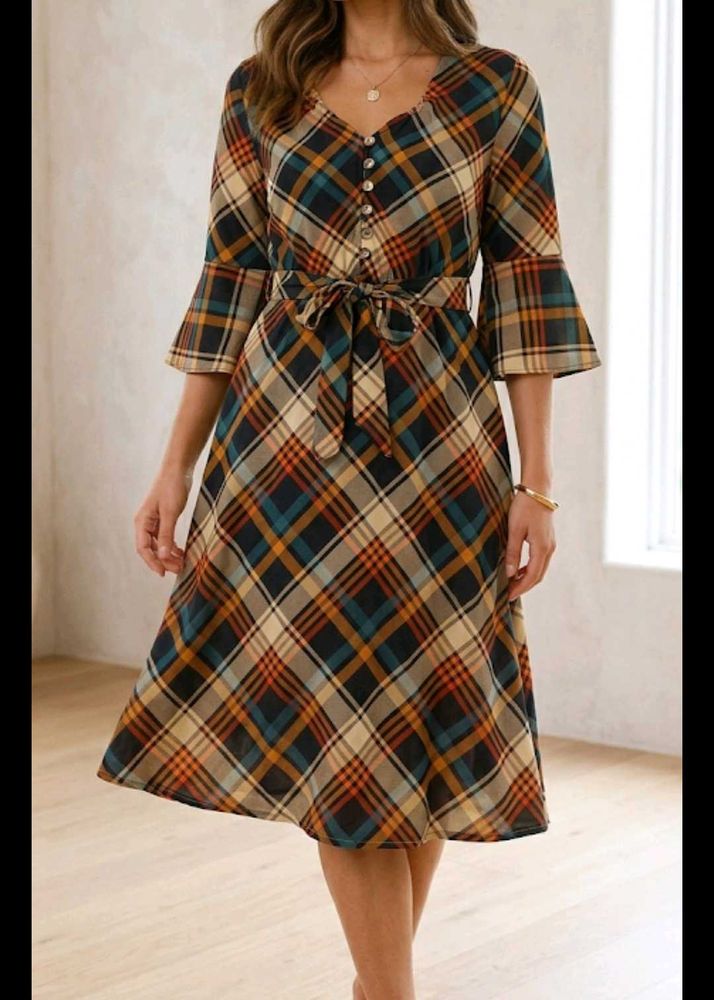 Chic Plaid Midi Dress with Bell Sleeves