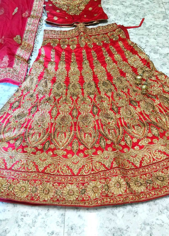 Red &amp; Gold Embroidered Lehenga Set