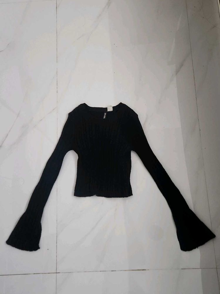 Black Ribbed Bell Sleeve Top