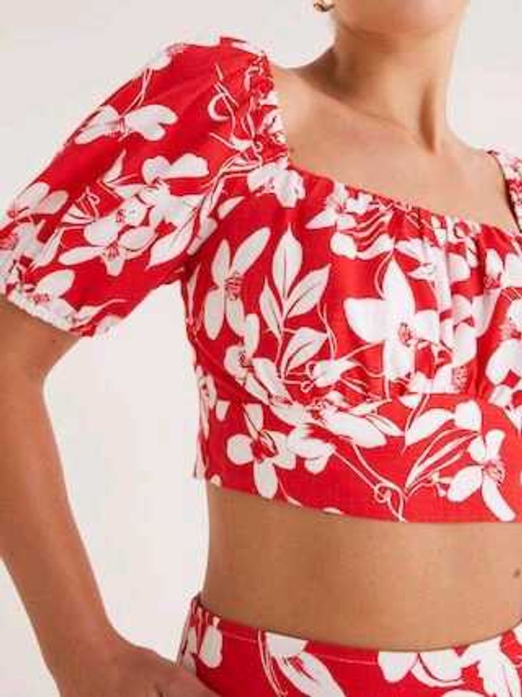 Floral Print Puff Sleeve Crop Top