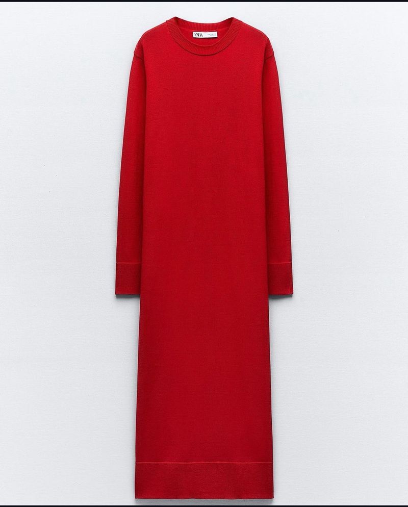ZARA Red knit Long Sleeve Midi Dress