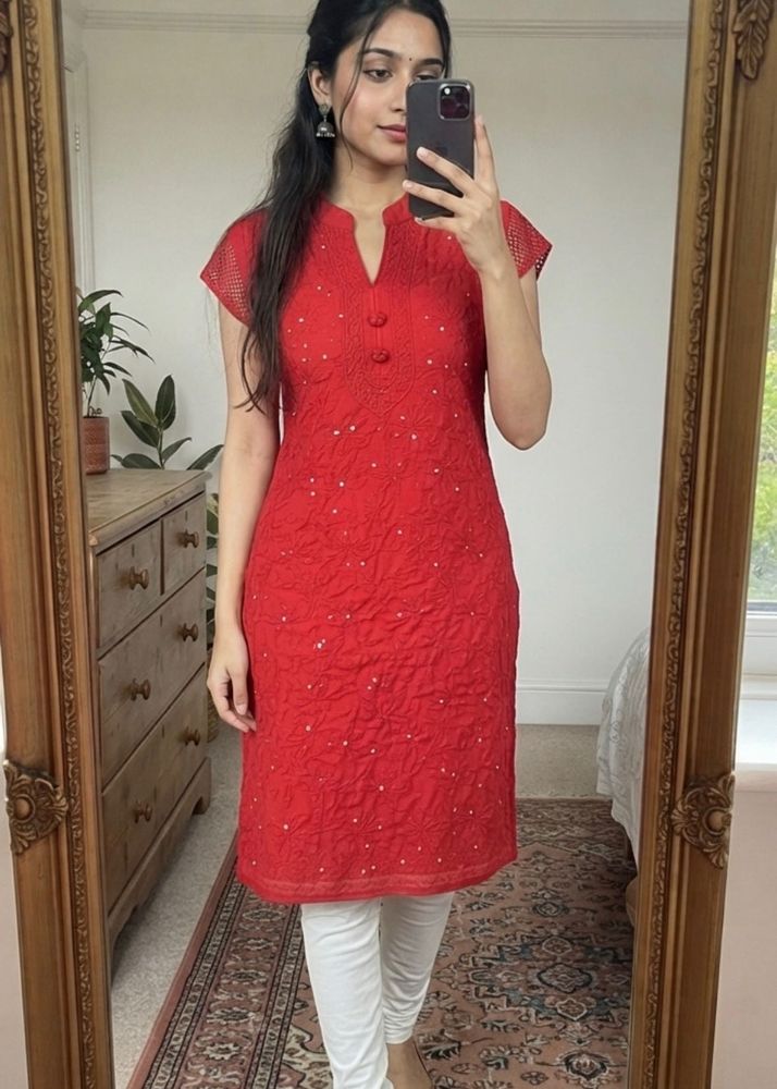 Stunning Red Embroidered Kurta