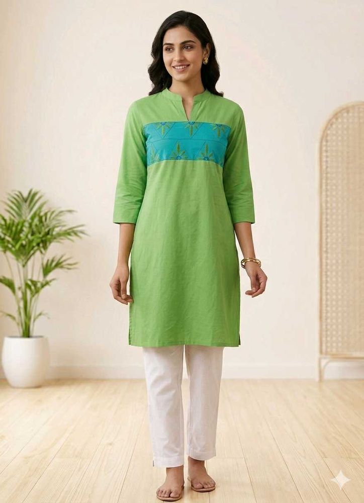 Green Cotton Kurti with Blue Detail