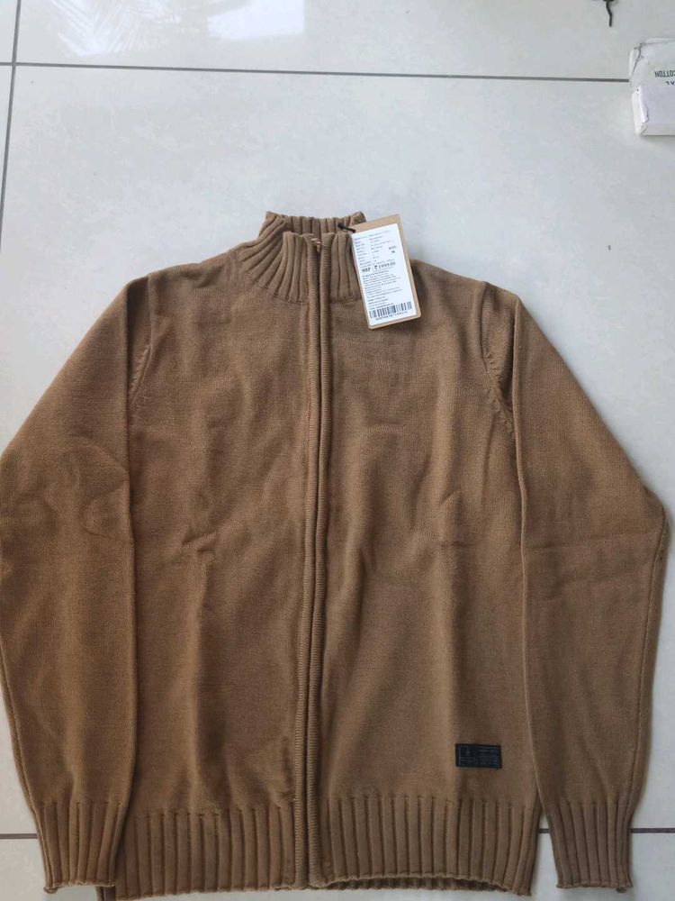 Men's Brown Zip-Up Knit Sweater