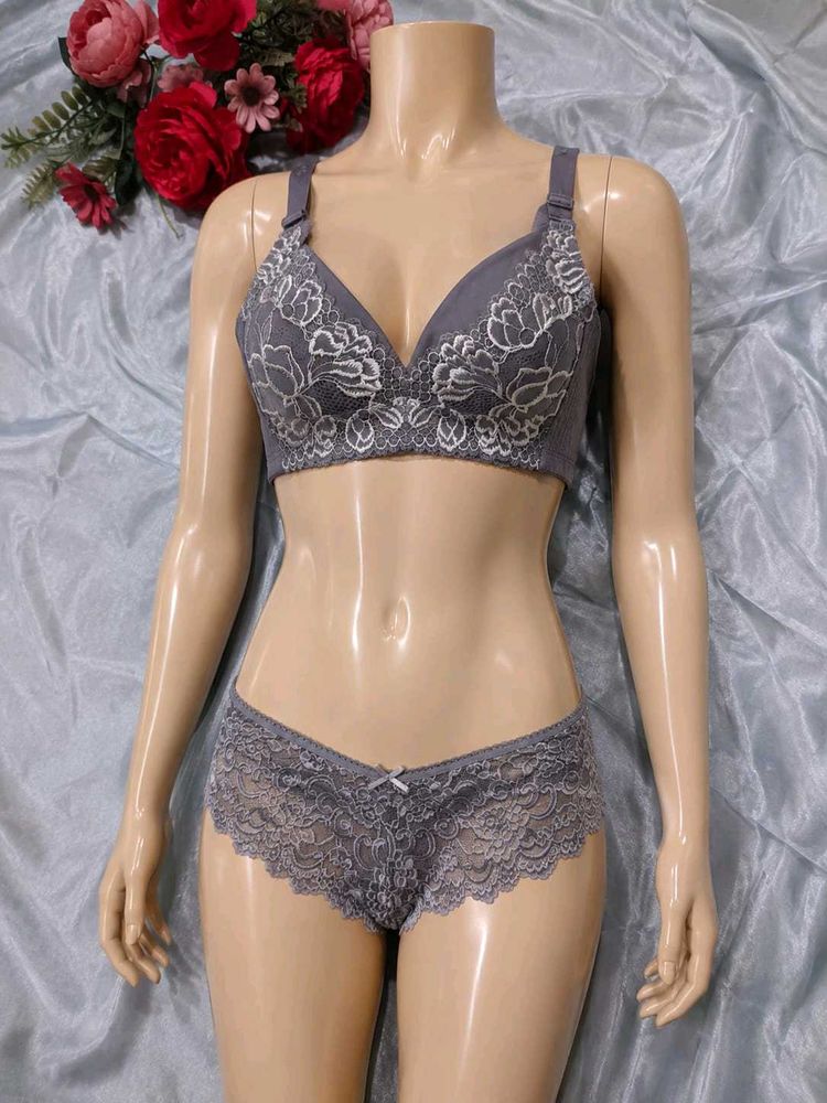 Grey Lace Bra &amp; Panty Set