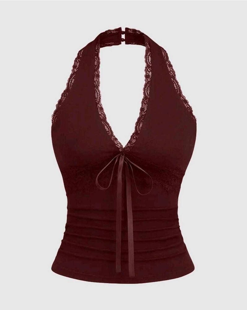 Burgundy Lace Trim Halter Top